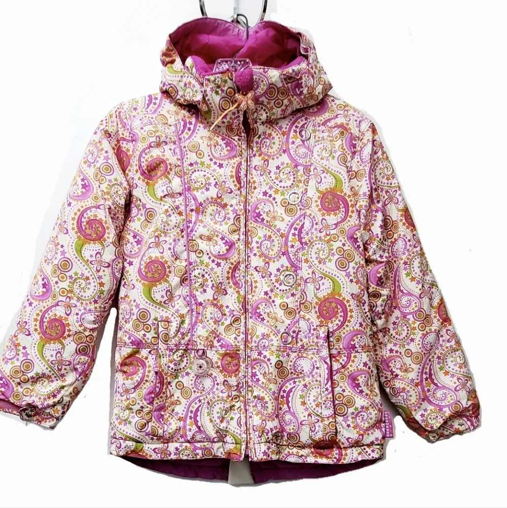 Obermeyer Pink Floral Paisley Ski Winter Jacket Hood Pockets Size 8 Girls